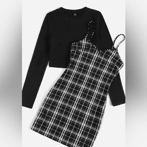 SHEIN Solid crop top + plaid print cami dress